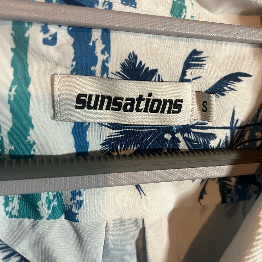 Sunsations Kids Small White Blue Palm Tree Stripe Short Sleeve Button Down Shirt - Picture 3 of 5